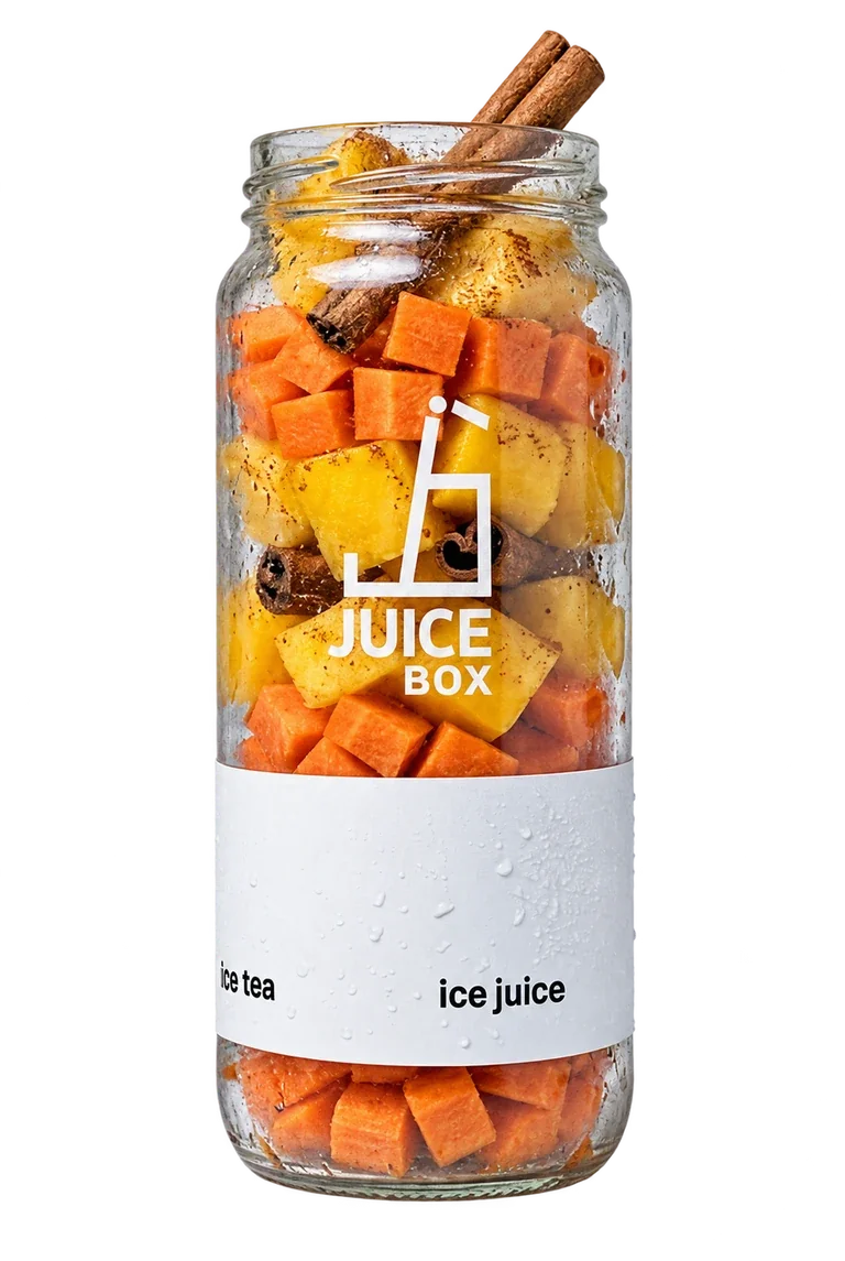 JuiceBox glass with pieces of fruit before blending