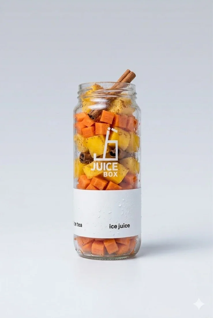 JuiceBox Glas mit Fruchtstücken vor dem Mixen