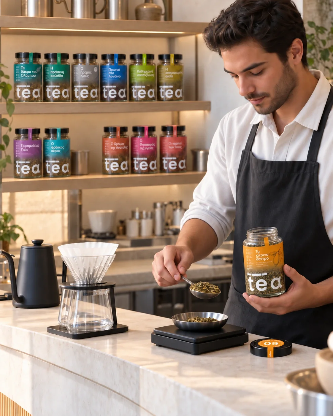 Barista παρασκευάζει χύμα TeaBox στον πάγκο ενός café